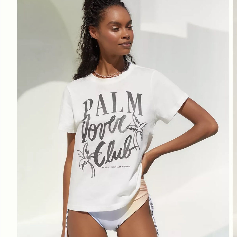 Anthropologie Sigal White Short Sleeve Tee with Palm Lover Club